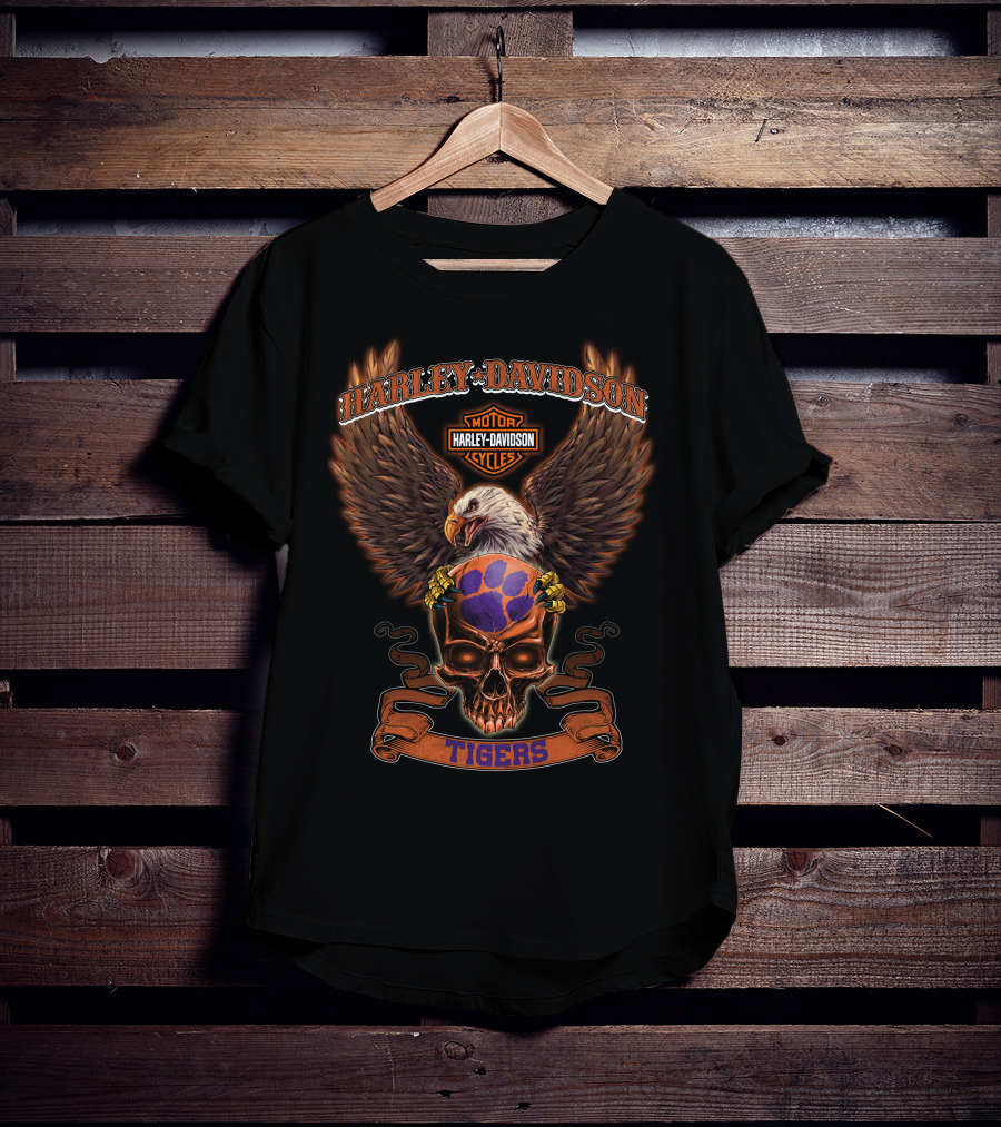 Harley Davidson Motor Cycles Eagle Skull Clemson Tigers T-Shirt