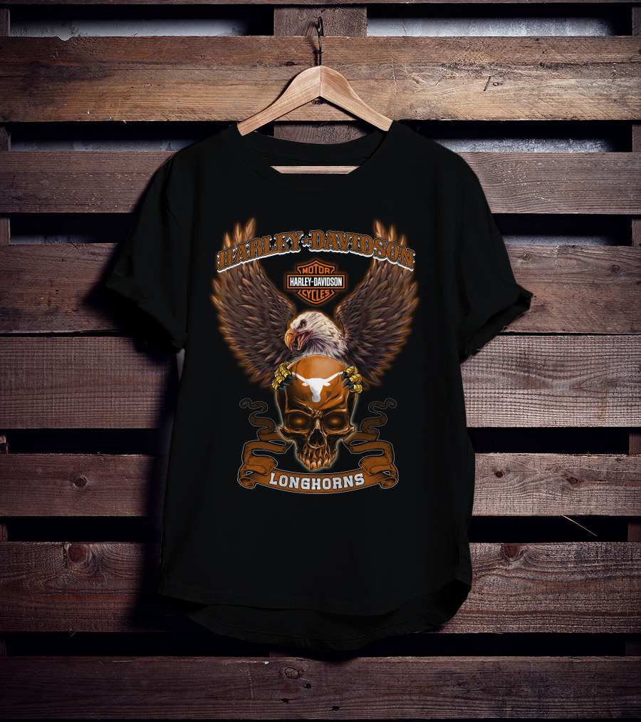 Harley Davidson Longhorns Texas Ncaa Bald Eagle Skull T-Shirt