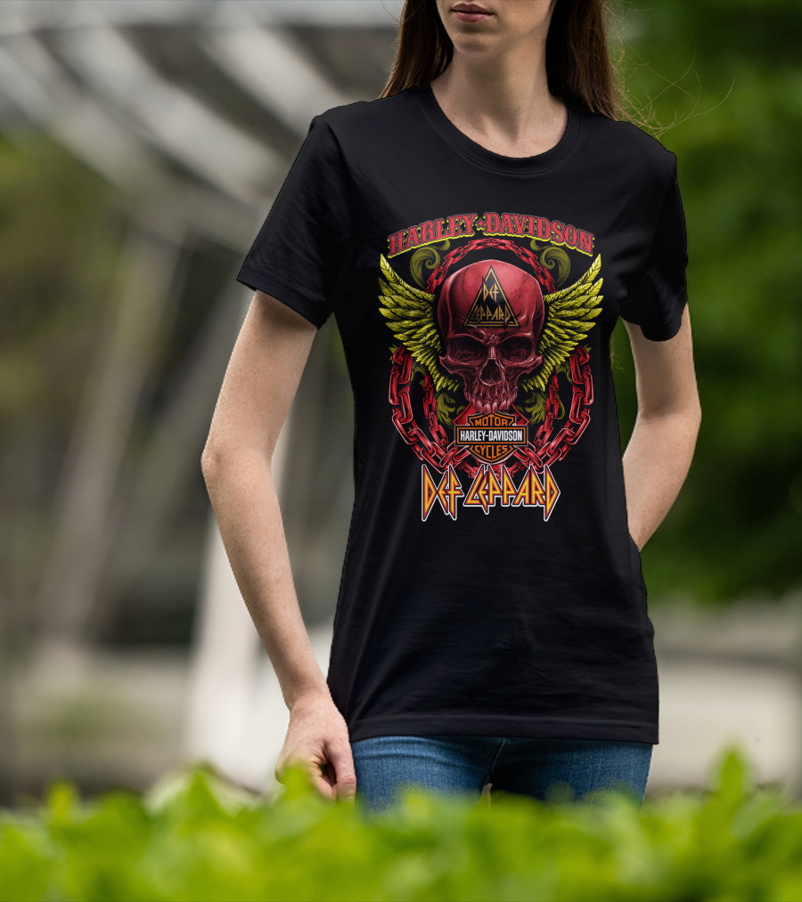 Harley Davidson Def Leppard Skull With Chains And Wings T-Shirt