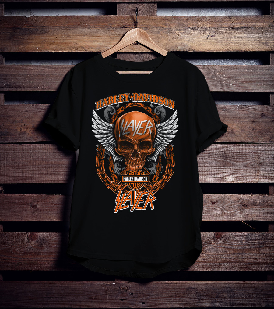Harley Davidson Slayer Motor Cycles Skull Wings Chains T-Shirt