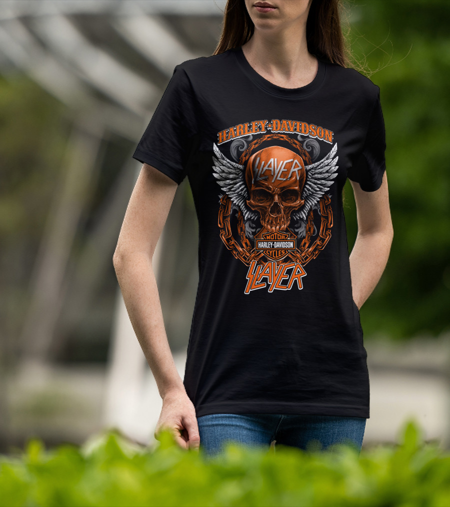 Harley Davidson Slayer Motor Cycles Skull Wings Chains T-Shirt