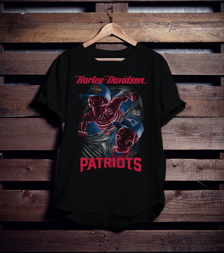 Harley Davidson New England Patriots Skeletons In Baseball Caps T-Shirt
