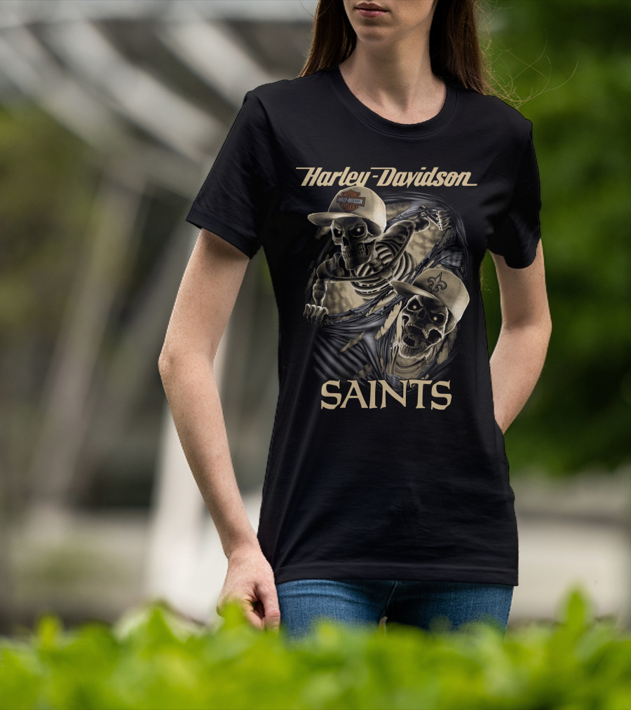 Harley Davidson New Orleans Saints Skeletons Nfl Style T-Shirt