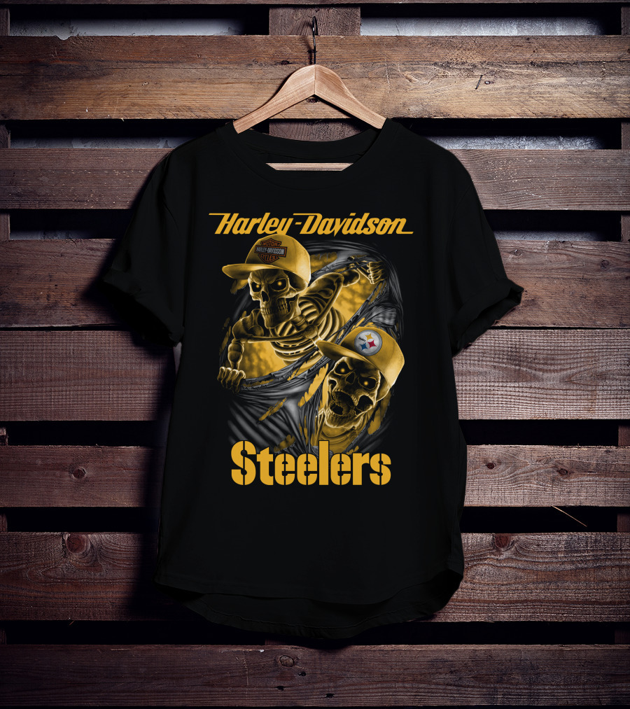 Harley Davidson Steelers Skeletons With Pittsburgh Steelers And Harley T-Shirt