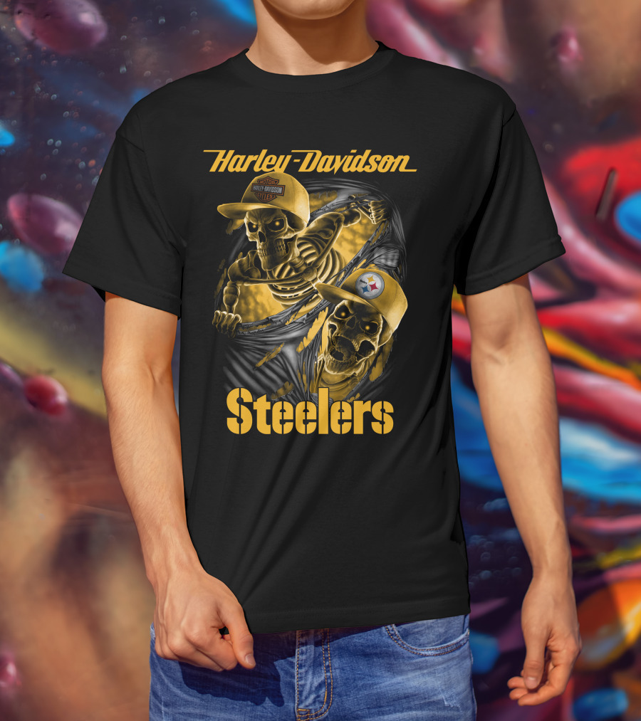 Harley Davidson Steelers Skeletons With Pittsburgh Steelers And Harley T-Shirt