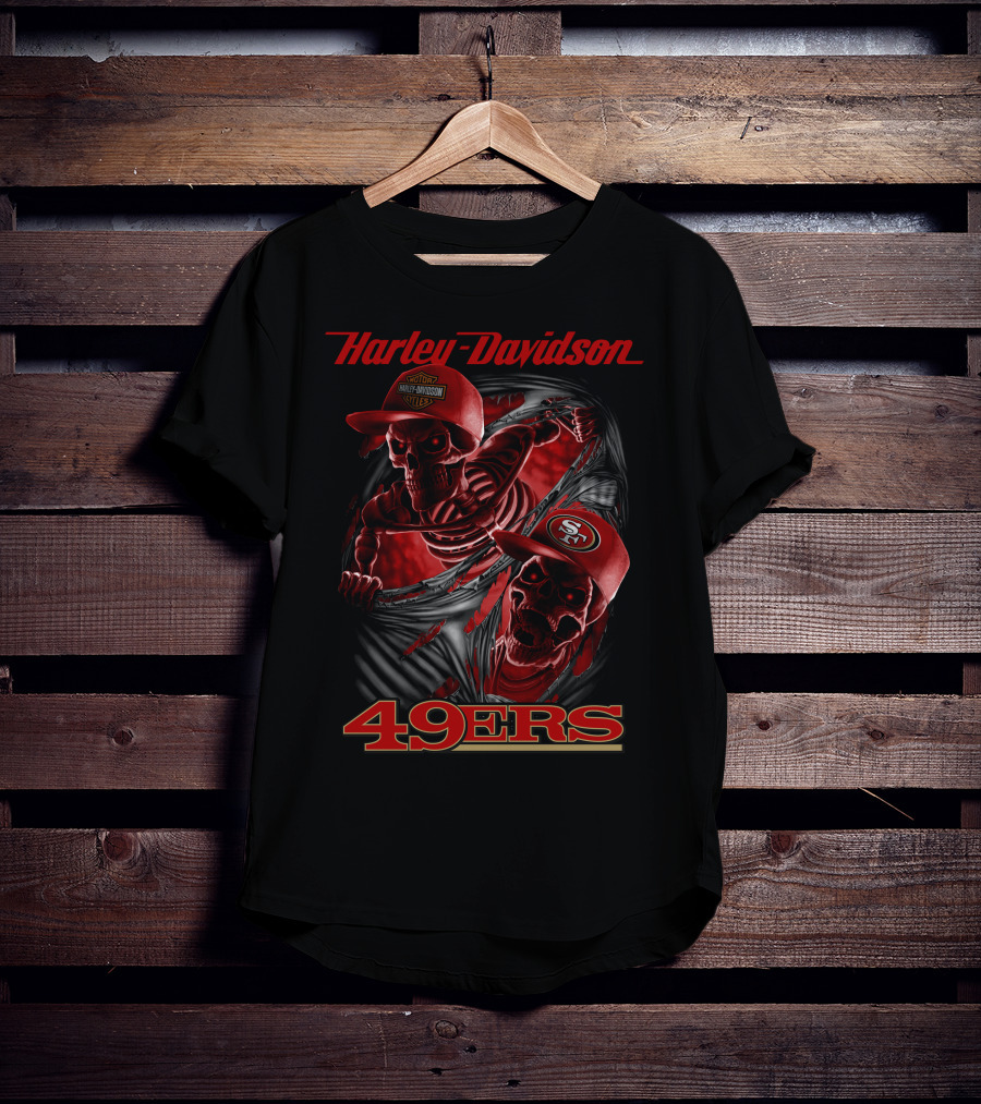 Harley Davidson 49ers Skeletons With San Francisco 49ers Caps T-Shirt