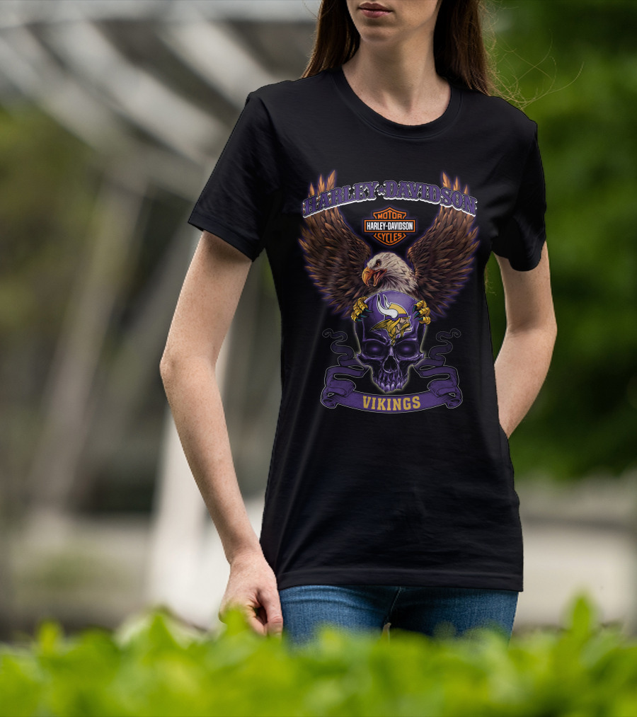 Harley Davidson Motor Cycles Minnesota Vikings Eagle Purple Skull T-Shirt