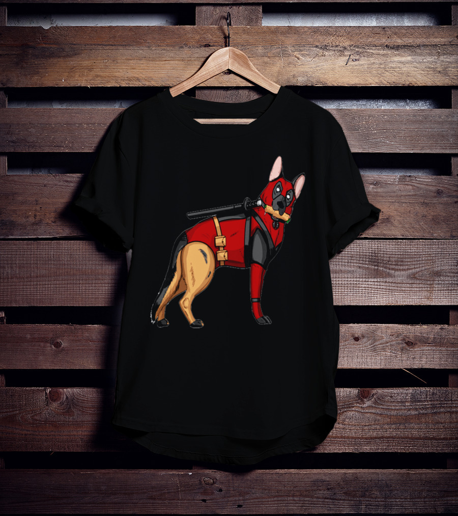 German Shepherd In Deadpool Costume With Sword And Bone T-Shirt