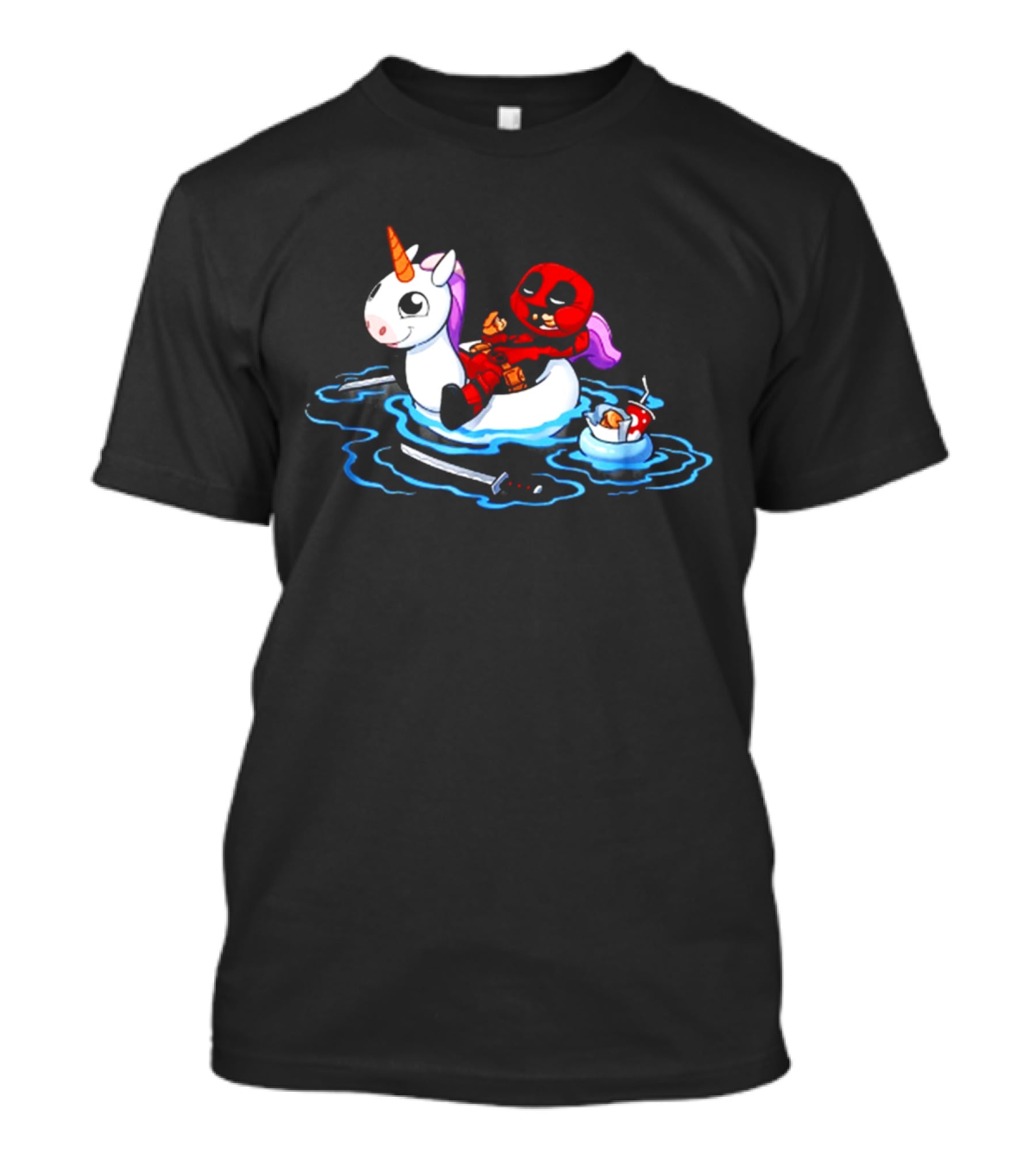 Deadpool Relaxing On Inflatable Unicorn With Rubber Duck And Swords T-Shirt