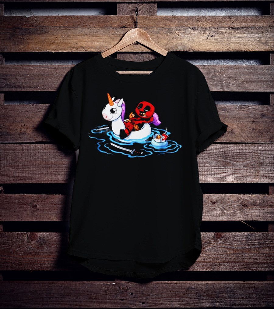 Deadpool Relaxing On Inflatable Unicorn With Rubber Duck And Swords T-Shirt
