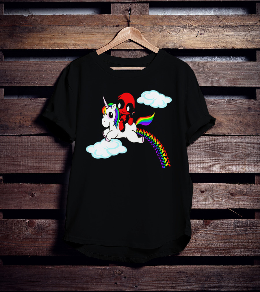 Deadpool Riding Rainbow Unicorn In Clouds T-Shirt