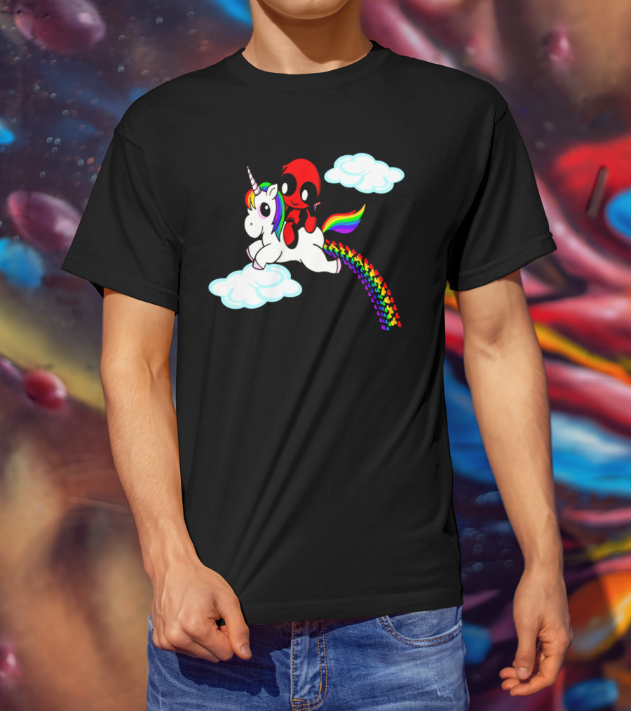 Deadpool Riding Rainbow Unicorn In Clouds T-Shirt