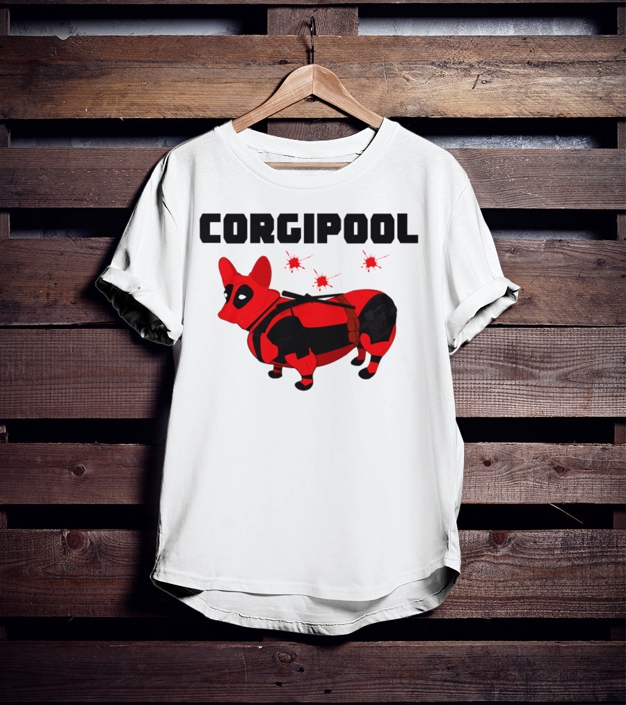 Corgipool Corgi Deadpool Parody With Red And Black Costume And Comic-Style Font T-Shirt