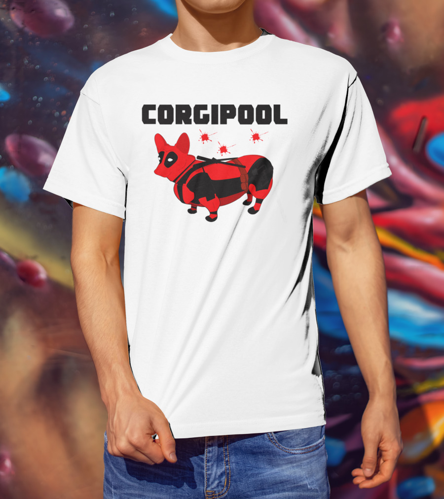 Corgipool Corgi Deadpool Parody With Red And Black Costume And Comic-Style Font T-Shirt