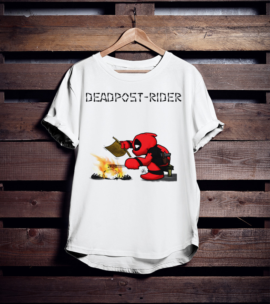 Deadpool Rider Cooking Marshmallow Over Fire Cartoon Scene T-Shirt