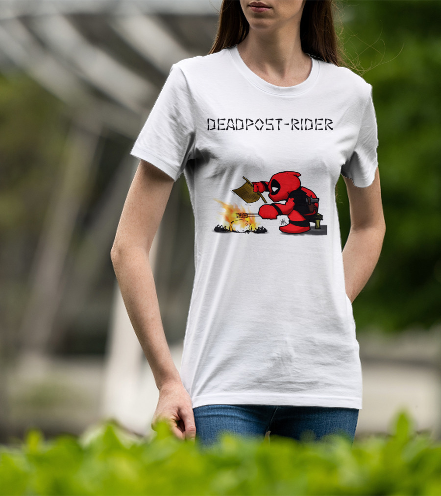 Deadpool Rider Cooking Marshmallow Over Fire Cartoon Scene T-Shirt