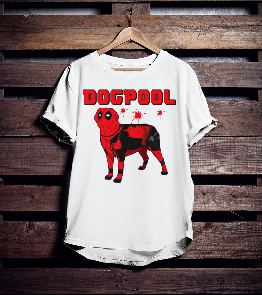 DOGPOOL Inspired By Deadpool With Red Suit And Splattered Background T-Shirt