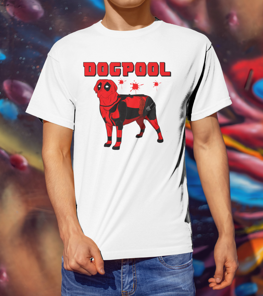DOGPOOL Inspired By Deadpool With Red Suit And Splattered Background T-Shirt