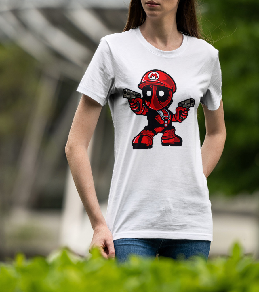 Deadpool Mario Parody Crossover Character With Guns T-Shirt