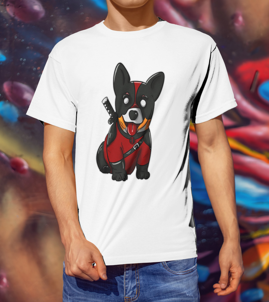 Corgipool Corgi Deadpool Merchandise Red Black Costume Sword Dog Iconic Character Image T-Shirt