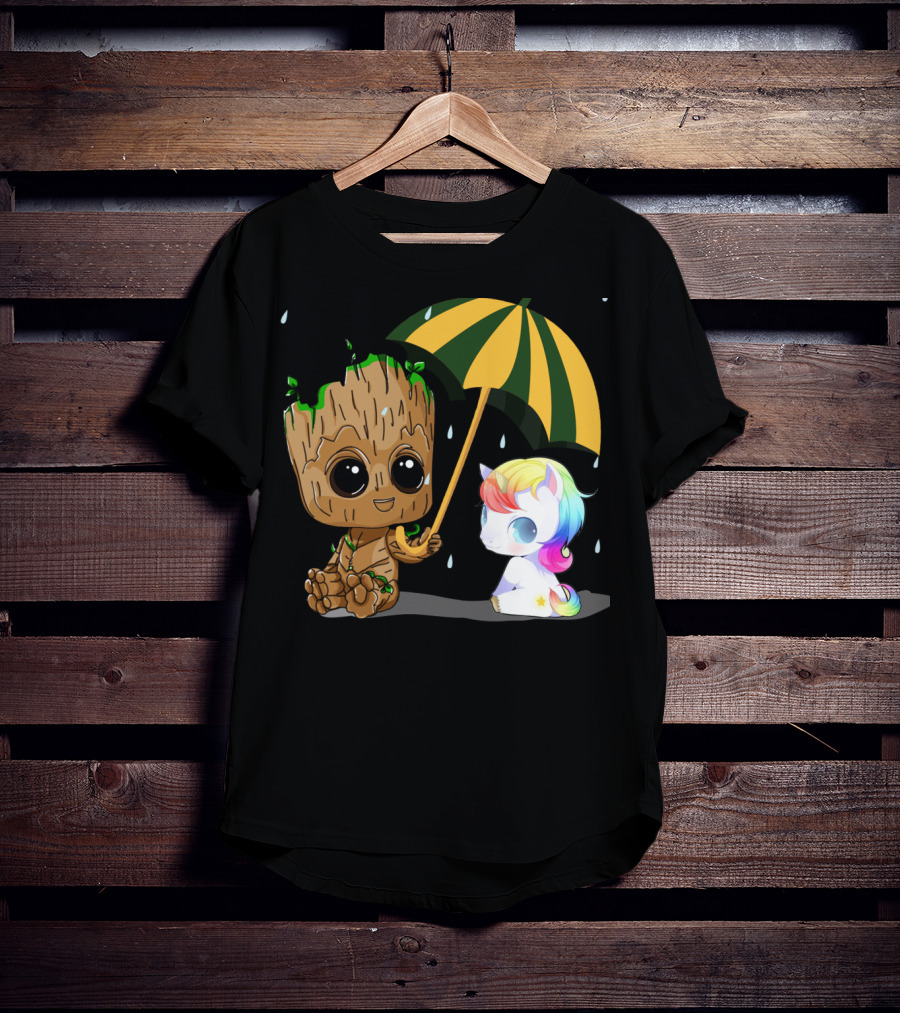 Groot Holding Umbrella Sitting With Cute Rainbow Unicorn T-Shirt