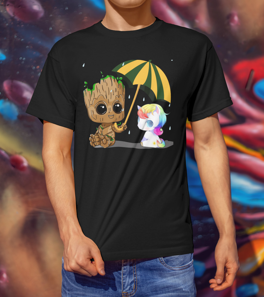 Groot Holding Umbrella Sitting With Cute Rainbow Unicorn T-Shirt