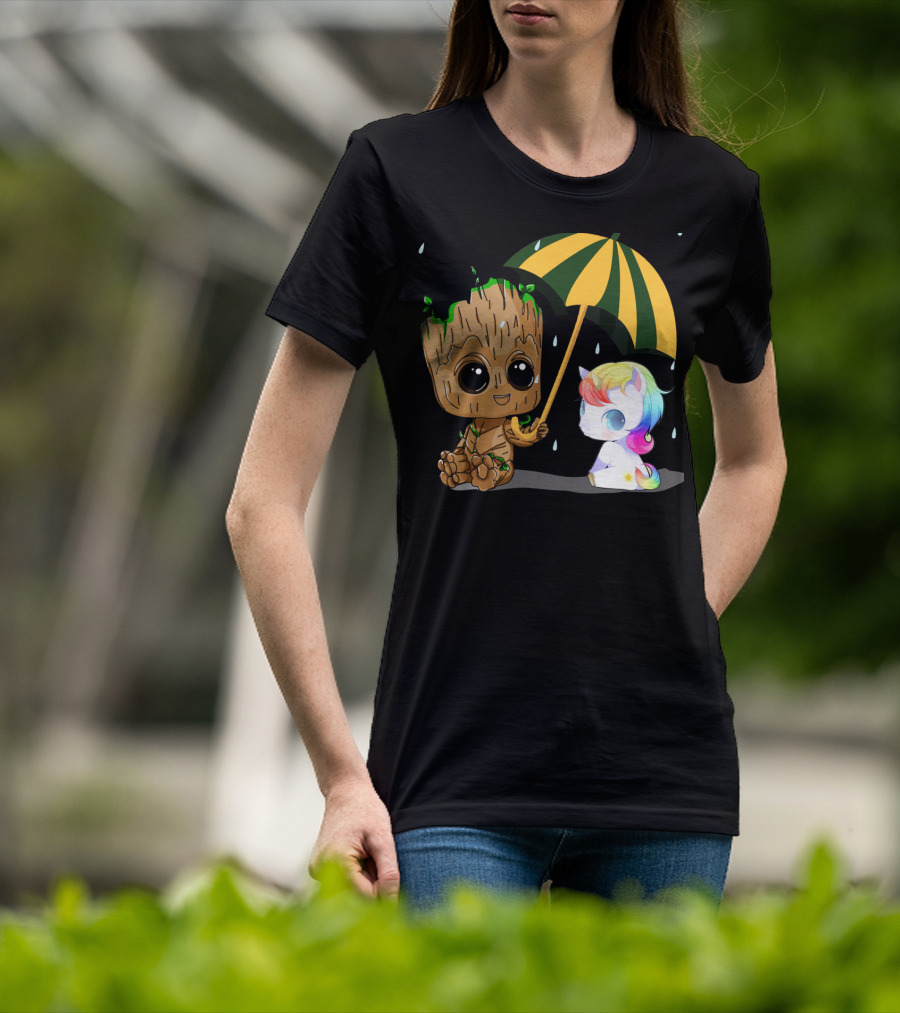Groot Holding Umbrella Sitting With Cute Rainbow Unicorn T-Shirt