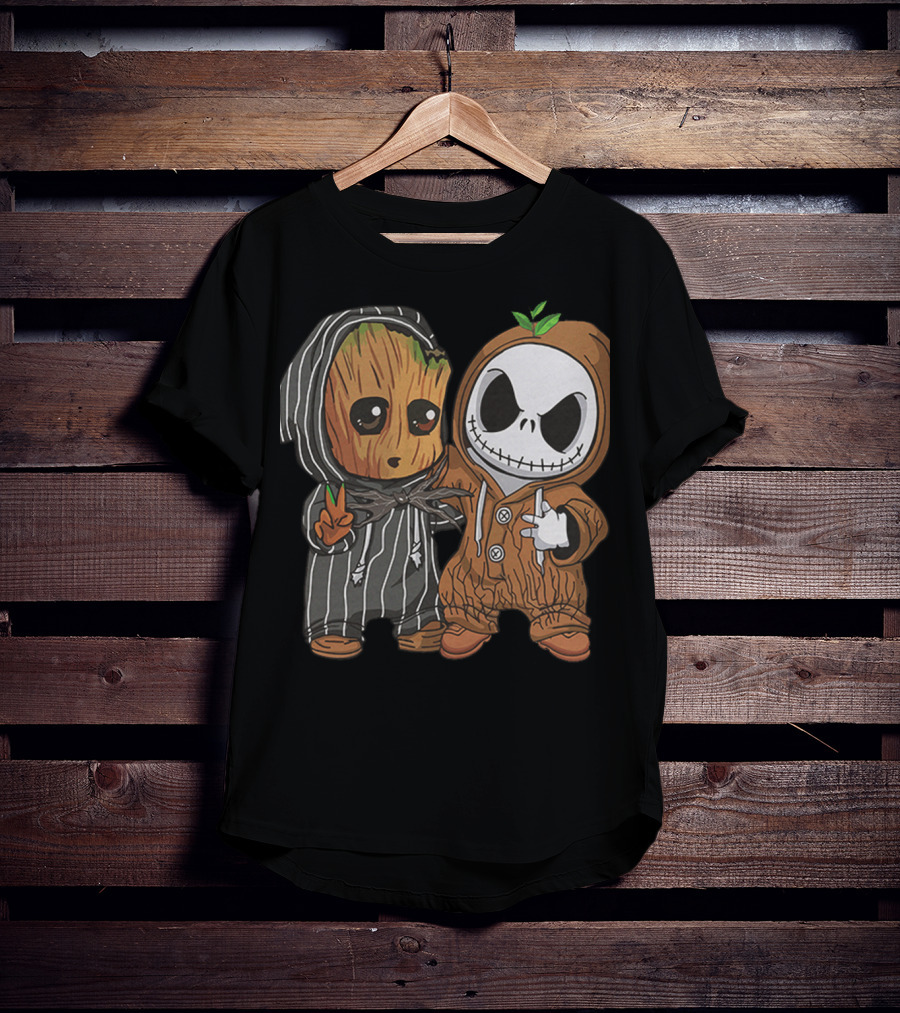 Groot In Striped Hoodie And Jack Skellington In Wood-Patterned Suit T-Shirt