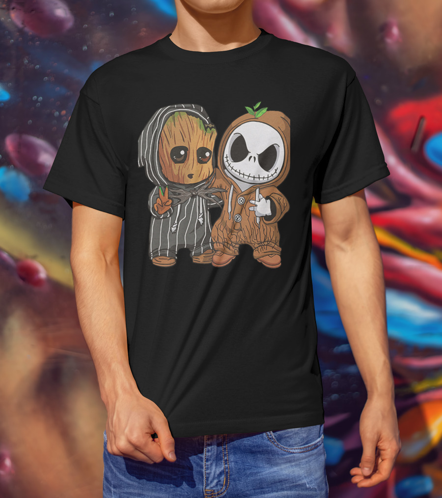 Groot In Striped Hoodie And Jack Skellington In Wood-Patterned Suit T-Shirt