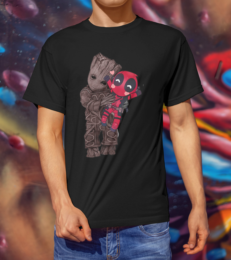 Groot Hugging Chibi Deadpool With Hearts T-Shirt