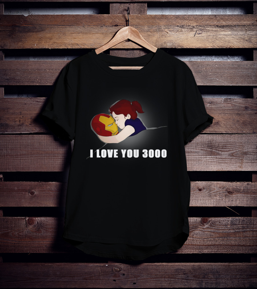 Morgan Stark Hugging Iron Man Helmet With I Love You 3000 Text T-Shirt