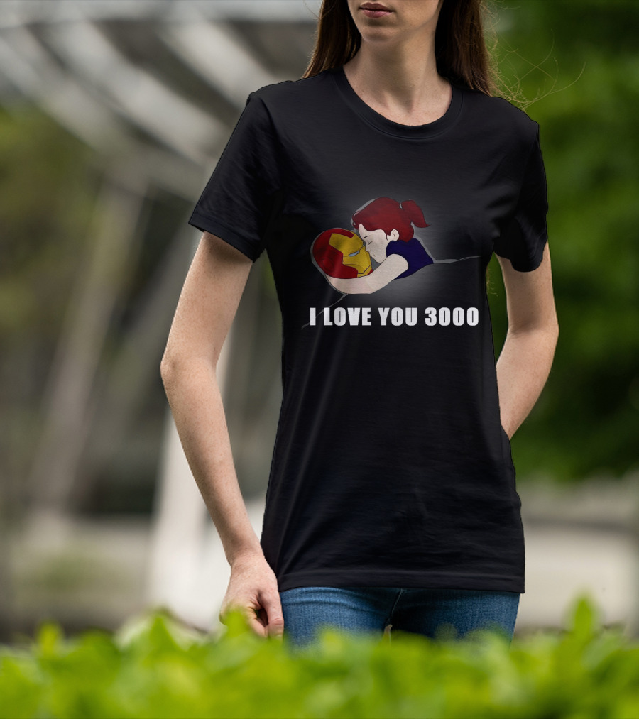 Morgan Stark Hugging Iron Man Helmet With I Love You 3000 Text T-Shirt