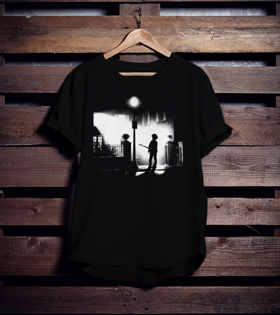 Curexorcist Gothic Silhouette Under Streetlight With Guitar In Black And White Urban Scene T-Shirt