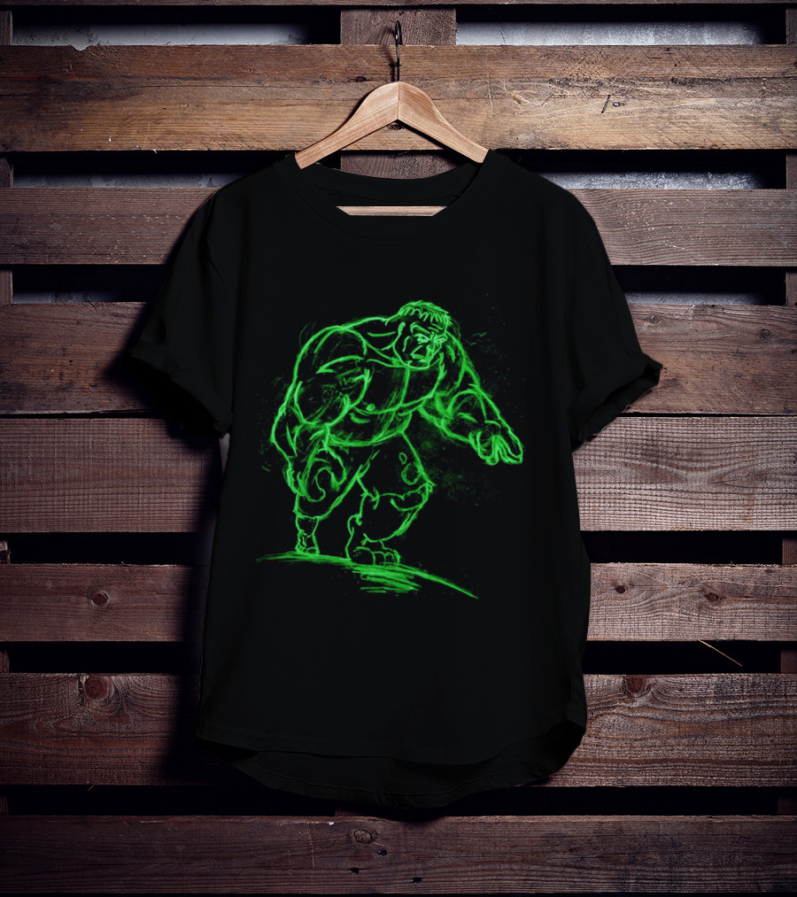 Green Neon Sketch Of Hulk In Dynamic Stance T-Shirt