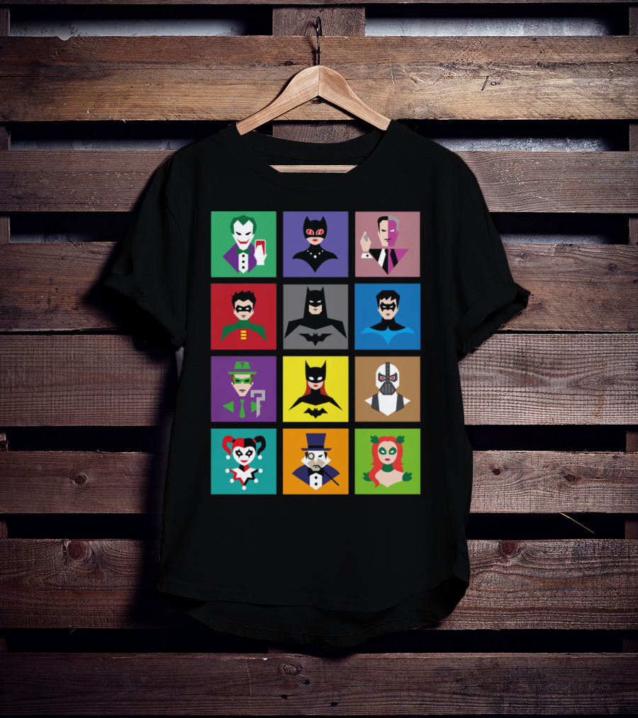 Batman Animated Villains Heroes Joker Catwoman Two-Face Robin Nightwing Riddler Batgirl Bane Harley Quinn Penguin Poison Ivy T-Shirt