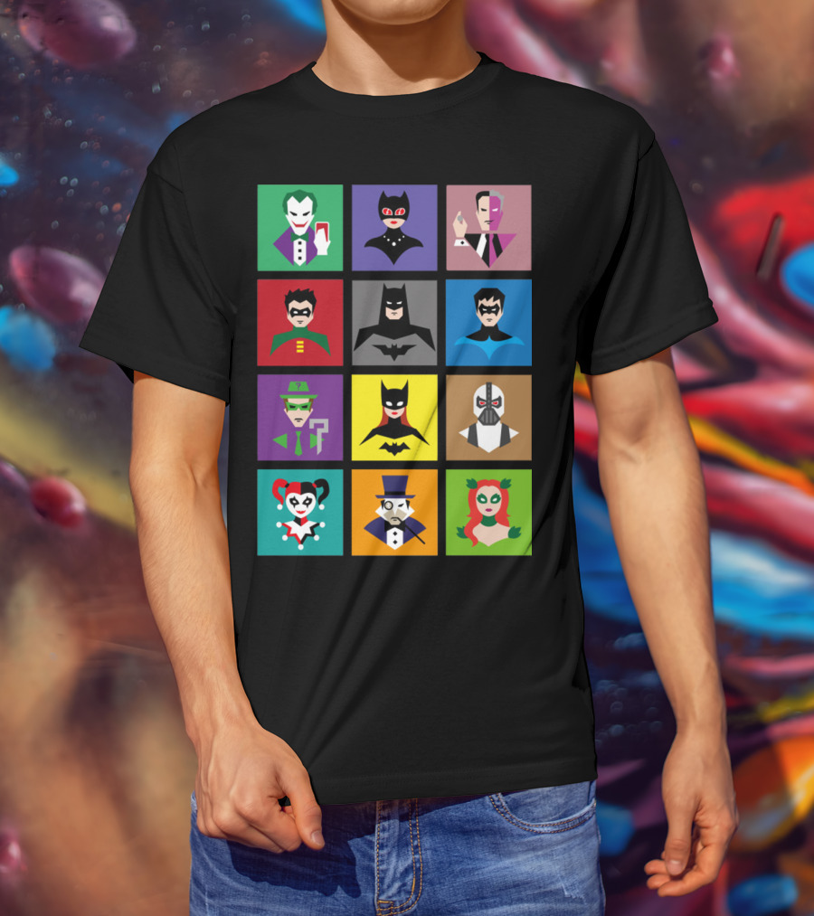 Batman Animated Villains Heroes Joker Catwoman Two-Face Robin Nightwing Riddler Batgirl Bane Harley Quinn Penguin Poison Ivy T-Shirt