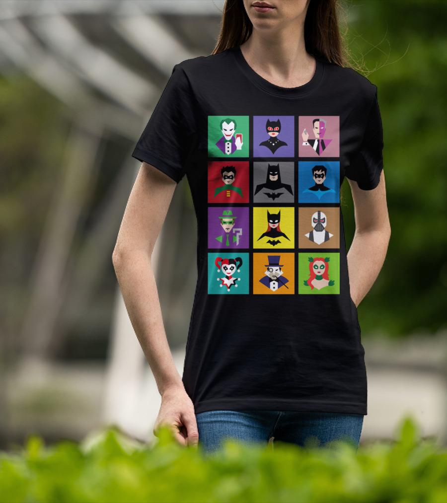 Batman Animated Villains Heroes Joker Catwoman Two-Face Robin Nightwing Riddler Batgirl Bane Harley Quinn Penguin Poison Ivy T-Shirt