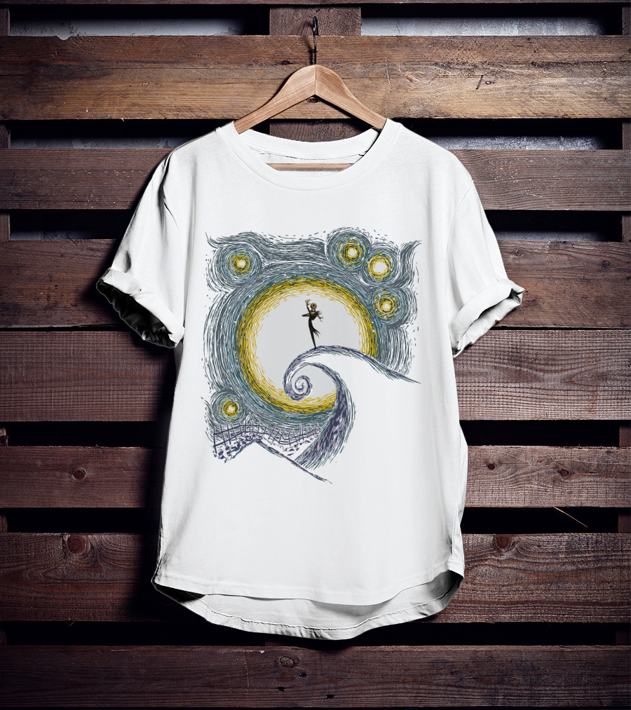 Jack Skellington On Curled Hill With Starry Night Inspired Background T-Shirt
