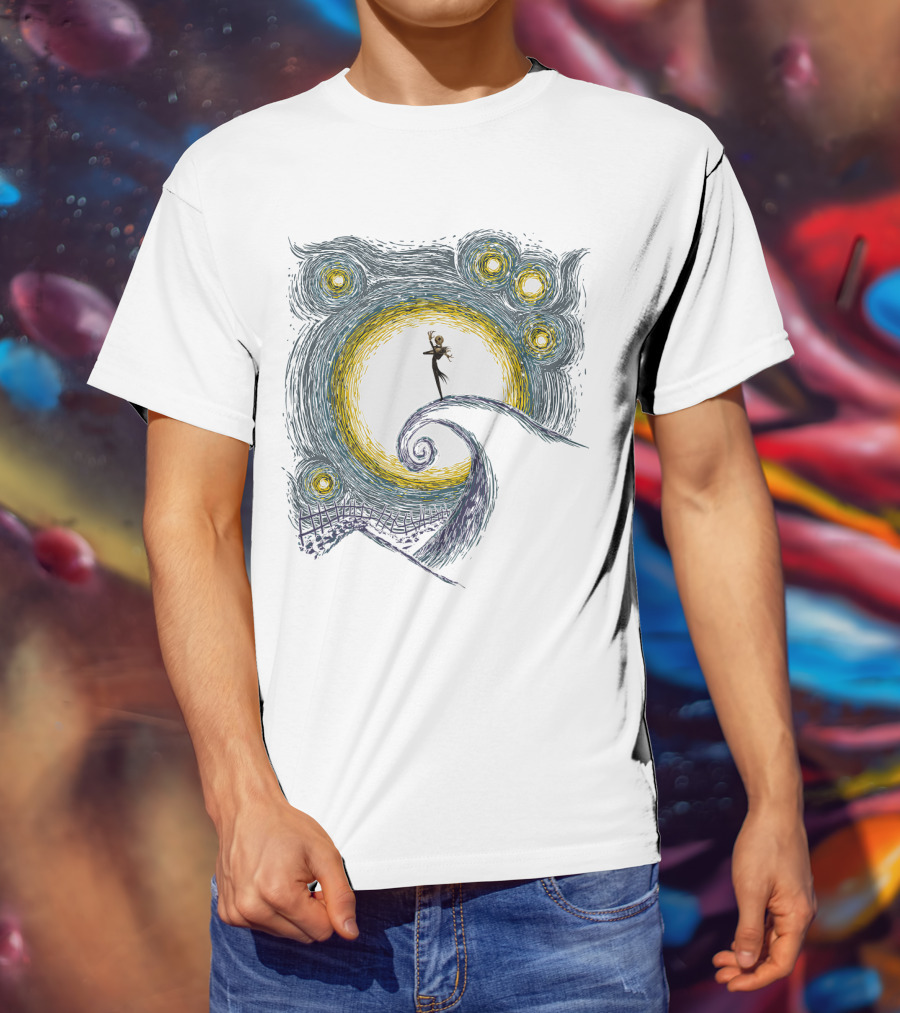 Jack Skellington On Curled Hill With Starry Night Inspired Background T-Shirt