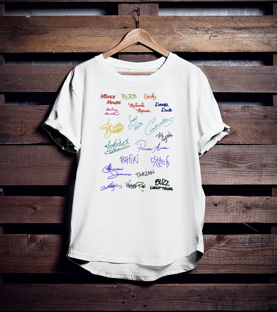 Mickey Mouse Pluto Goofy Minnie Donald Belle Snow White Cinderella Ariel Aurora Rafiki Stitch Jasmine Tarzan Mulan Peter Pan Buzz Lightyear Signatures T-Shirt
