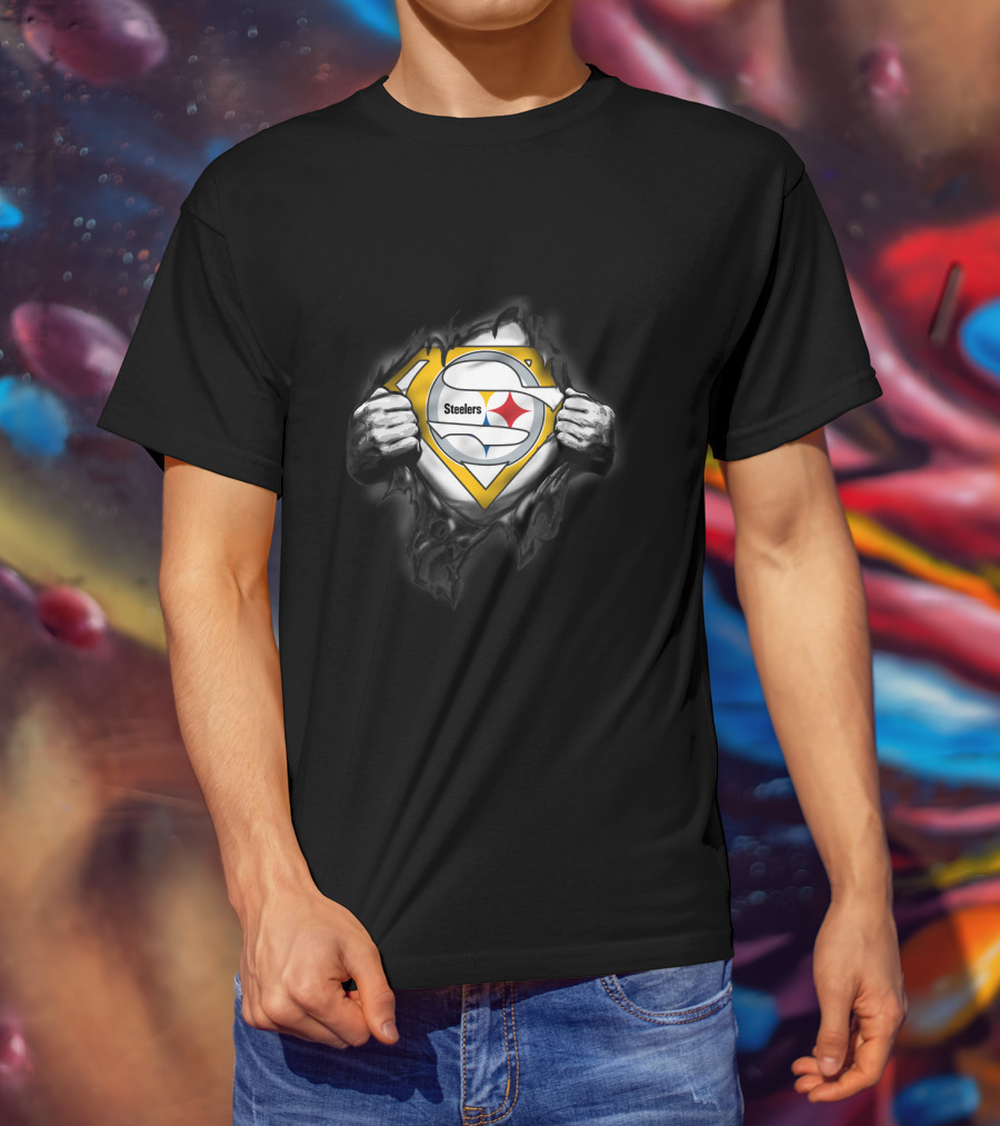 Steelers Emblem Revealed Through Superhero Suit Tear T-Shirt
