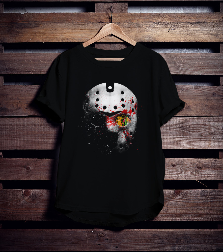 Chicago Blackhawks Jason Mask Blood Splatter Nhl Horror Crossover T-Shirt