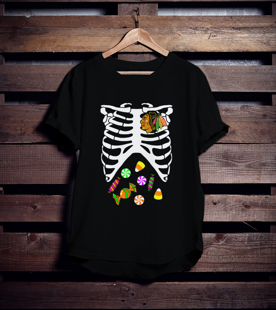 Chicago Blackhawks Skeleton Candy Ribcage Halloween T-Shirt