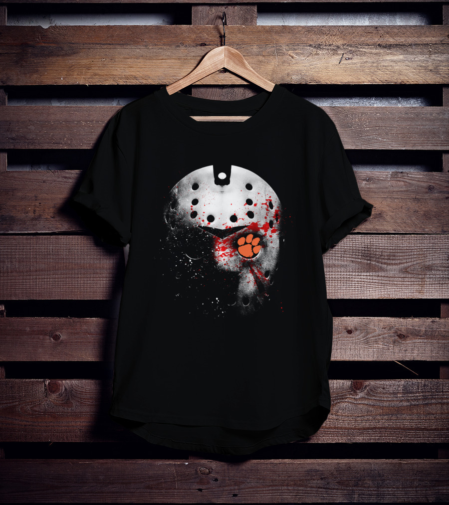 Clemson Tigers Football Jason Voorhees Mask With Paw Print And Blood Splatter T-Shirt