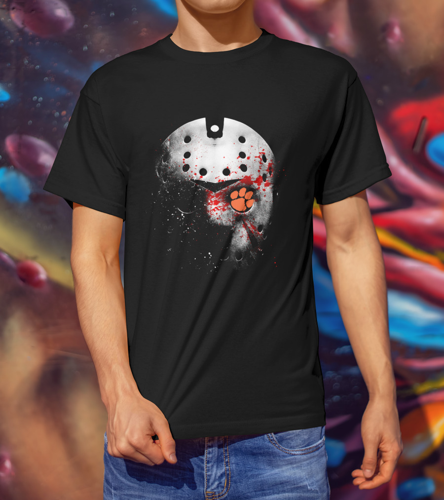 Clemson Tigers Football Jason Voorhees Mask With Paw Print And Blood Splatter T-Shirt