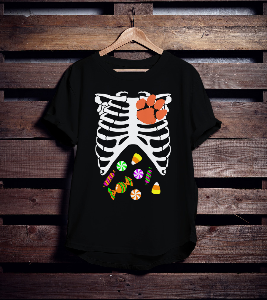 Clemson Tigers Halloween Candy Skeleton Paw Print T-Shirt