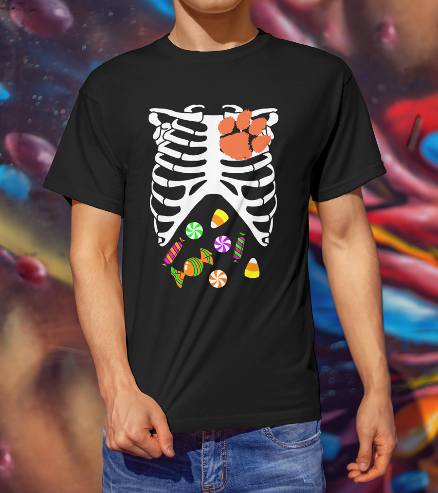 Clemson Tigers Halloween Candy Skeleton Paw Print T-Shirt