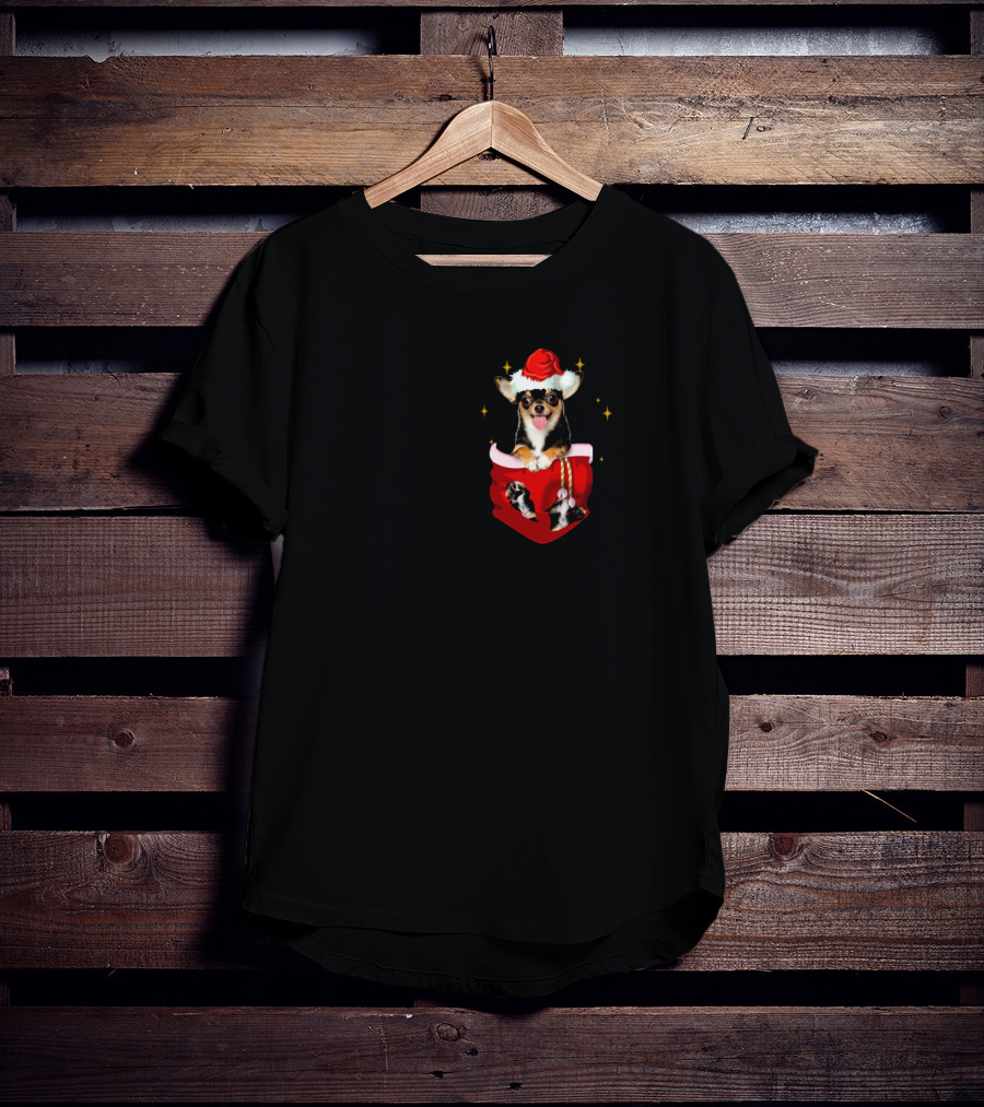 Chihuahua In Santa Hat Pocket With Christmas Sparkles T-Shirt