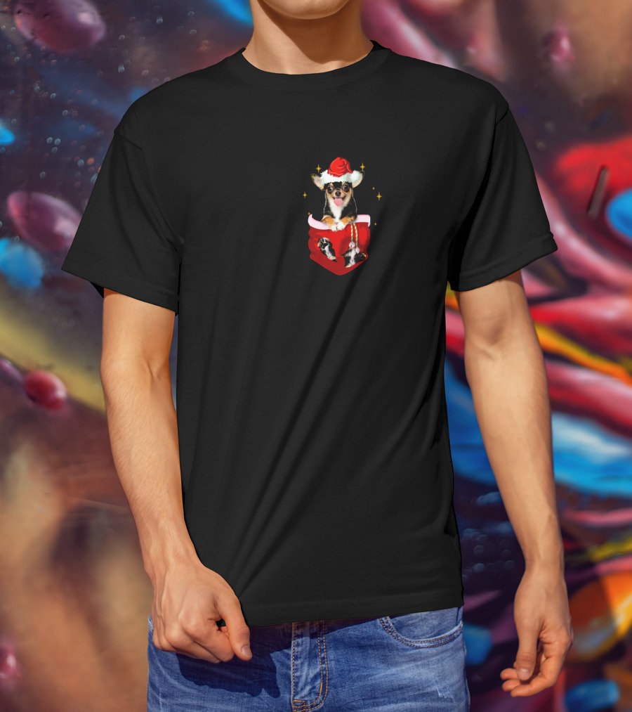Chihuahua In Santa Hat Pocket With Christmas Sparkles T-Shirt