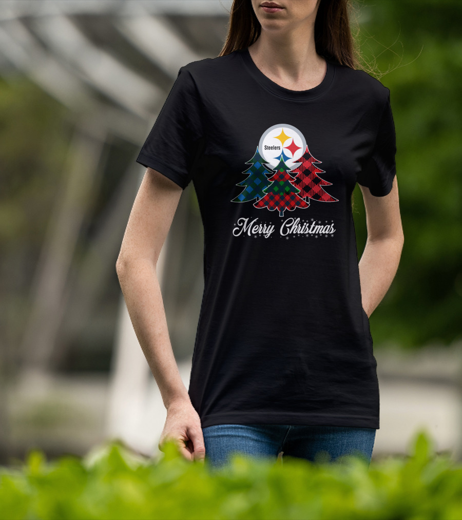 Steelers Merry Christmas Plaid Trees T-Shirt